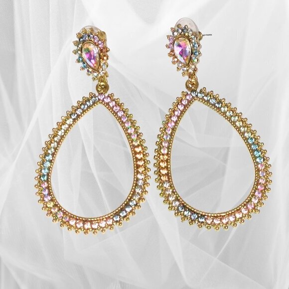 CRYSTAL IRIDESCENT TEARDROP DANGLE EARRINGS - Picture 2 of 5